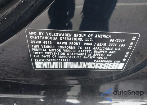 2017 Volkswagen Passat 1.8T R-Line from USA, damaged, VIN 1VWDT7A33HC011821